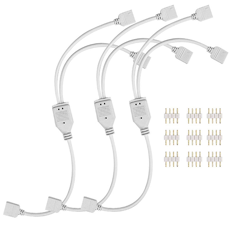 LED Strip Splitter Connector 4 Pins 10mm 1 to 2 Y- Splitter Cables for 5050 3528 RGB LED Light Strip with 3 Male 4-pin 10mm Plugs LED Strip Splitter Connector 4 Pins 10mm 1 to 2 Y- Splitter Cables for 5050 3528 RGB LED Light Strip with 3 Male 4-pin 10mm Plugs